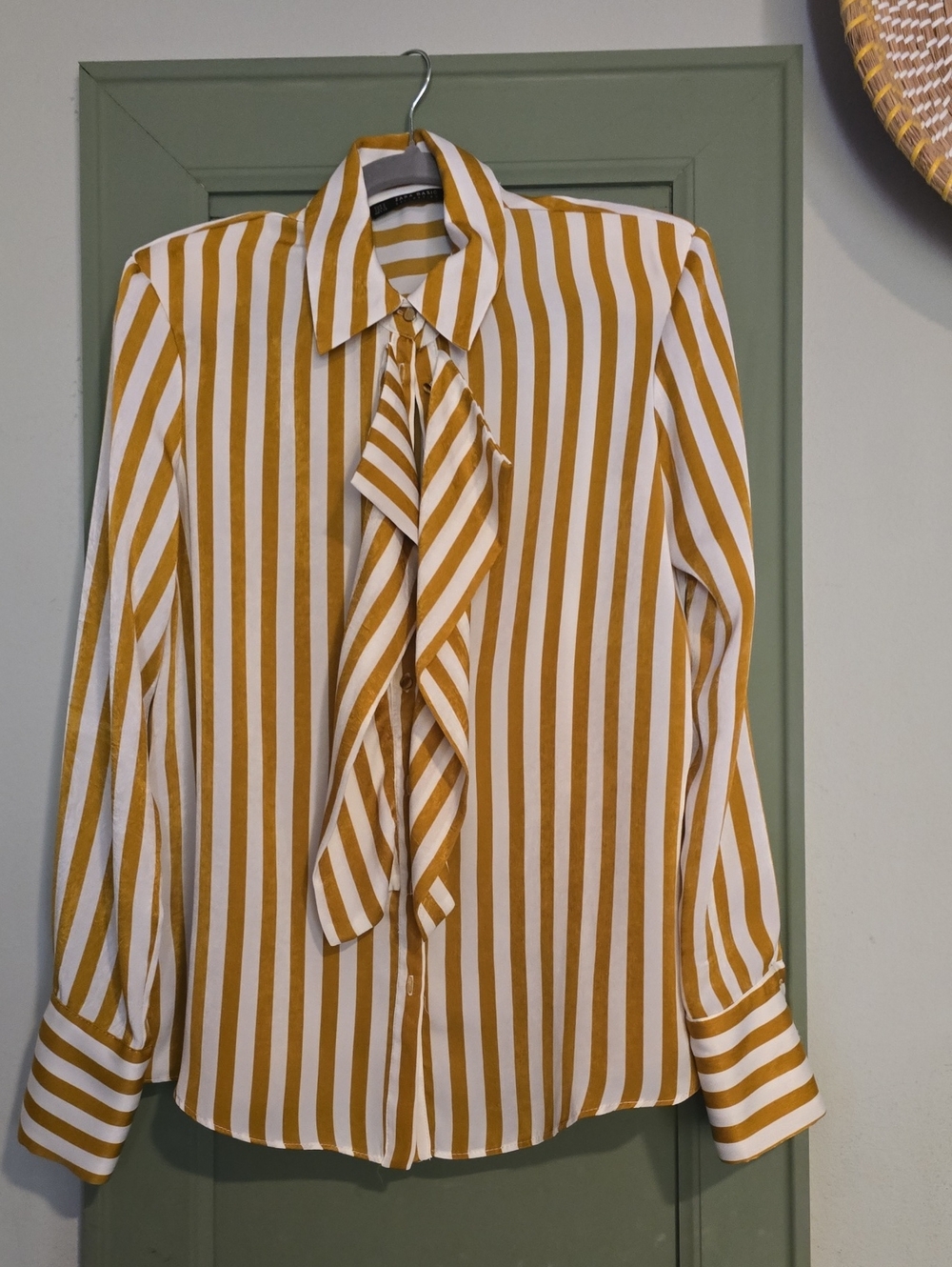Zara Mustard and White Vertical Stripe Tie-Neck Shirt